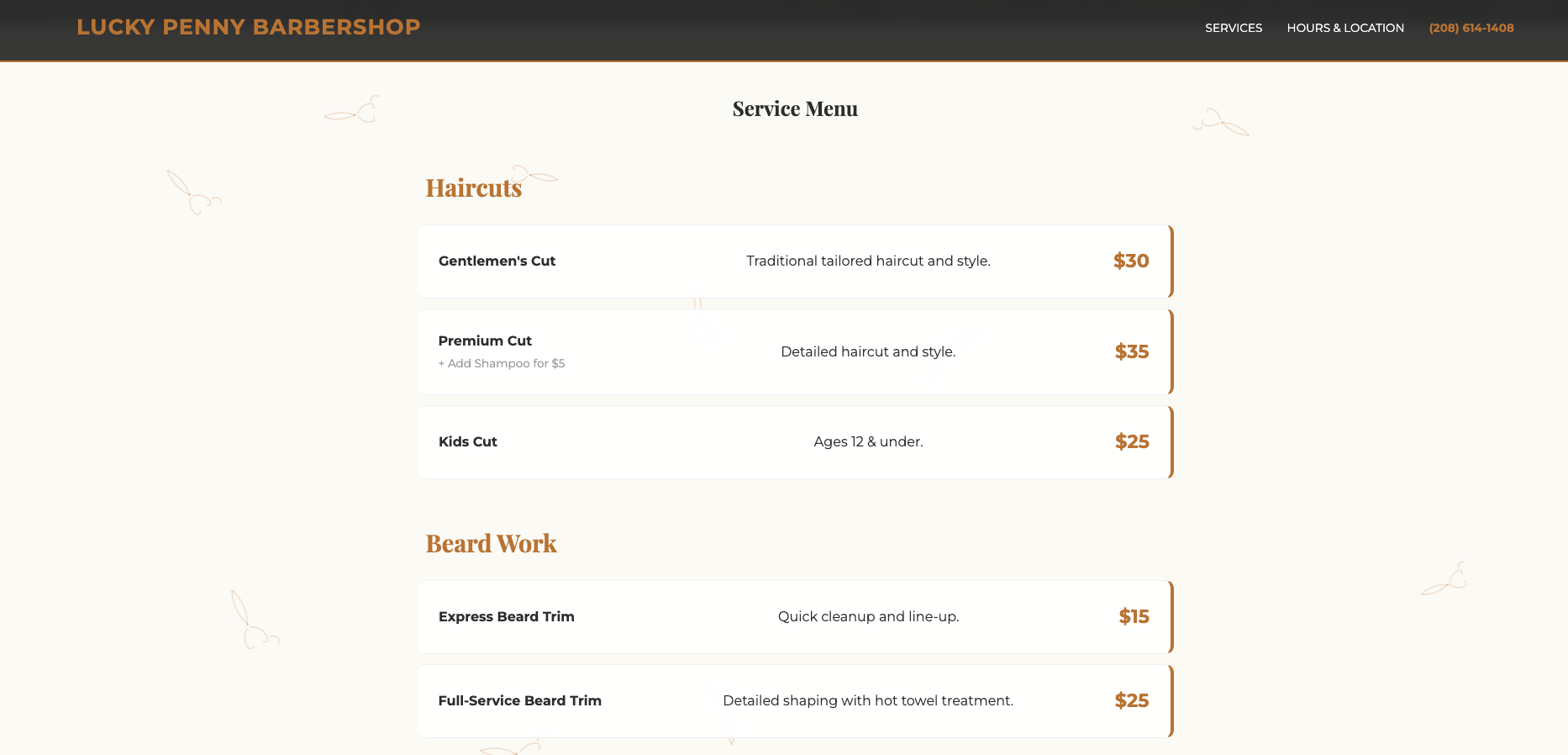 Lucky Penny - Service Menu